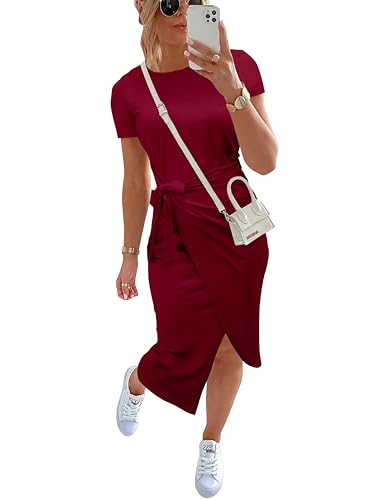 Image of NOLLSOM Women Casual Sleeveless Striped Tank Midi Dresses Halter Neck Ruched Bodycon Dresses Tie Waist T Shirt Summer Dress