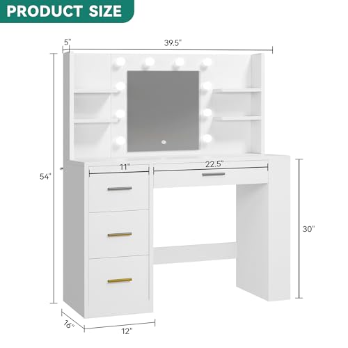 DWVO Vanity Desk with Mirror and Lights, 40in Makeup Vanity Table with Power Outlet, 4 Drawers & Storage Shelves, 3 Lighting Color Adjustable, White Dressing Desk for Bedroom