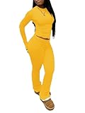 HBQ Women's Two Piece Lounge Sets Long Sleeve Crop High Wasit Foldover Flare Leggings Pants Casual Workout Outfits Tracksuit -Yellow-L