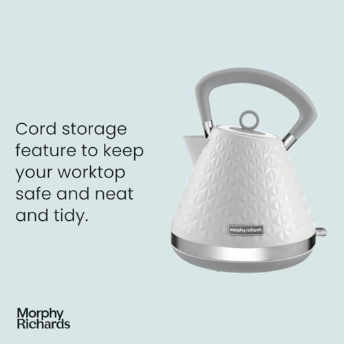 Morphy Richards Vector Pyramid Kettle, 1.5L, 3kW Rapid Boil, Anti Limescale Filter, Boil Dry Protection, Water Window, Pull Ring Removeable Lid, 360 Cordless Base, White,108134