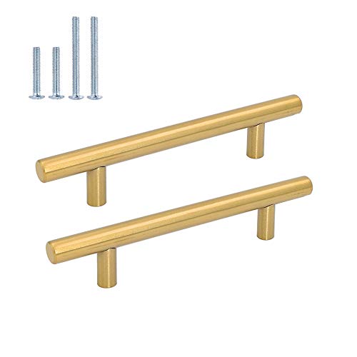 5 poignées de porte Goldenwarm - Pour meuble de cuisine, pour tiroir à tirer - En acier inoxydable - Moderne - 12 mm de diamètre, acier inoxydable, doré, 128mm hole centers