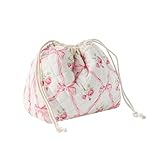 RSRSLEII Small Cotton Quilted Drawstring Makeup Bag, Cute Coquette Drawstring Cosmetic Bag with Canvas Lining, Aesthetic Travel Organized Toiletry Bags for Purse (Drawstring Pinkbows)