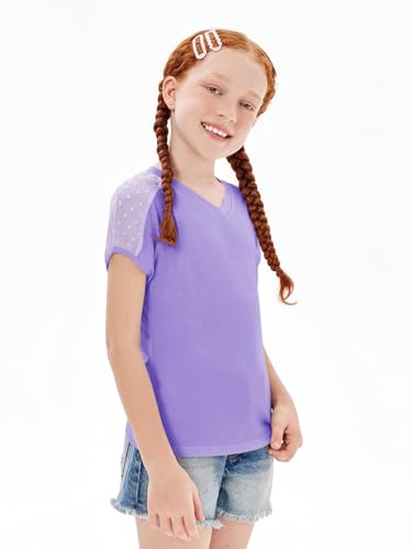 Image of Haloumoning Girls V Neck T-Shirts Kids Summer Swiss Dot Short Sleeve Tops Cute Fashion Tees 5-14 Years