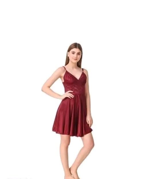 Women's Satin Slip Dress, Maroon, V-Neck, Sleeveless, Flared Mini Dress-image-16