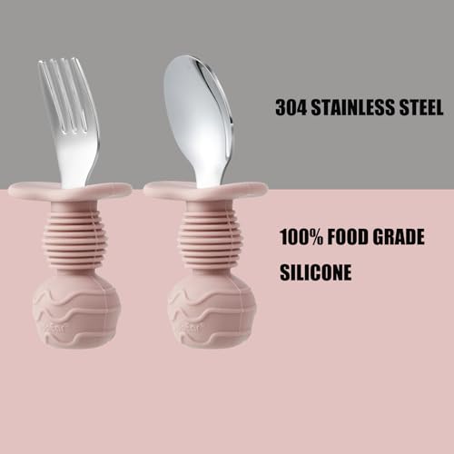 PandaEar 6 Stück Kinderbesteck| Silikongriff Edelstahl Kindergeschirr Set | Baby Besteck Esslernbesteck ab 1 jahr | Kinder Löffel und Gabel Set für Baby| BPA frei Lernbesteck (Pink/Beige)