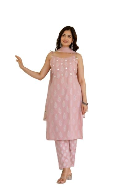 Women's Printed Kurta Pant & Dupatta Set | Straight Fit Ethnic Suit with Sleeveless Kurta, Comfortable Pants and Matching Dupatta | Traditional for Festive-image-23