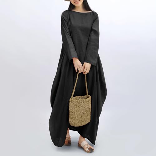 Image of Women's 2025 Spring 100% Linen Long Dress with Long Sleeve Maxi Dress Casual Loose Fitin Solid Color Pockets