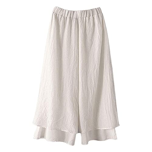 YOLAI Double Layer Wide Leg Pants Loose Elastic Waist Trouser Solid Color Vintage Casual Trouser for Women (White, One Size)