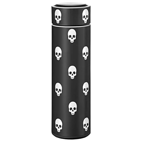 CaTaKu Dead Skull Black Water Bottle Insulated 16 oz Stainless Steel Flask Thermos Bottle for Coffee Water Drink Reusable Wide Mouth Vacuum Travel Mug Cover