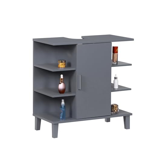 Relaxdays Meuble sous lavabo avec Porte et 6 étagères, MDF Bleu-Gris, 65x64x31 cm