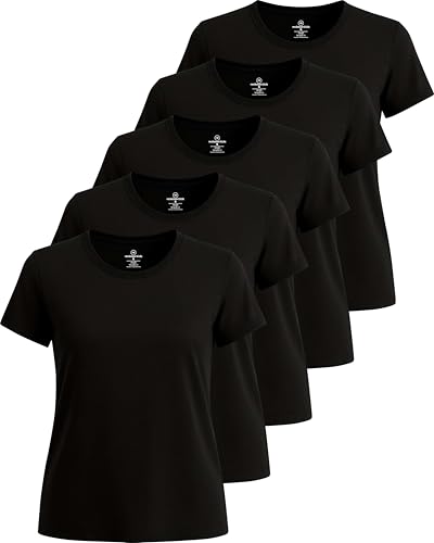 Image of Real Essentials 5 Pack: Women's Dry Fit Tech Stretch Short-Sleeve Crew Neck Athletic T-Shirt Available in Plus Size Set Medium