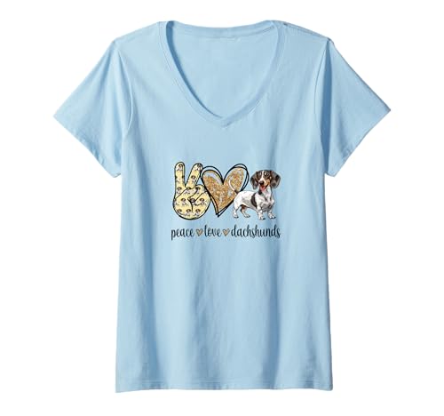 Femme Womens Girls Funny Peace Love Piebald Dachshund Lover T-Shirt avec Col en V