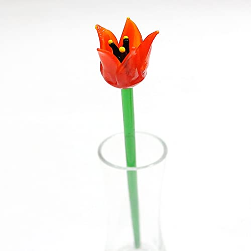 Handmade Colorful Murano Glass Flower Craft Figurine Wedding Valentine's Day Favors Gifts Table Decor Ornament Long Handle 17cm (Color : Coral Red, Size : About 17 cm)