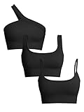 OQQ Women's 3 Piece Medium Support Tank Top Ribbed Exercise Seamless Scoop Neck Sports Bra One Shoulder Tops Crop Tops Black