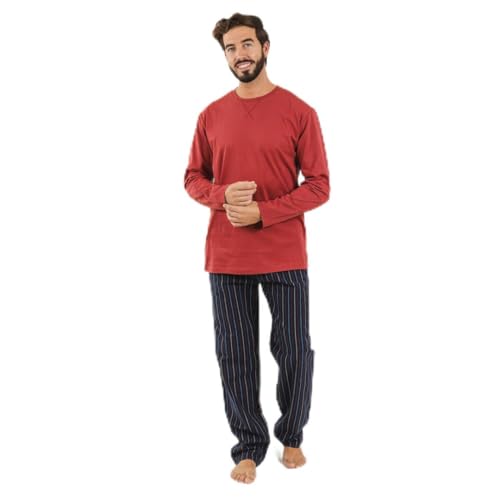 TRAMAS+ Pijama de Invierno para Hombre, Conjunto de Franela Con Camiseta de Manga Larga y Pantalón Largo, 100% Algodón - M, Raya San Luis