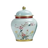 Jarrón de cerámica con Forma de Flor y pájaro for Jengibre, de Porcelana China con Tapa, esmaltado Chino Antiguo, Pintado a Mano, for Guardar té.(Cyan)