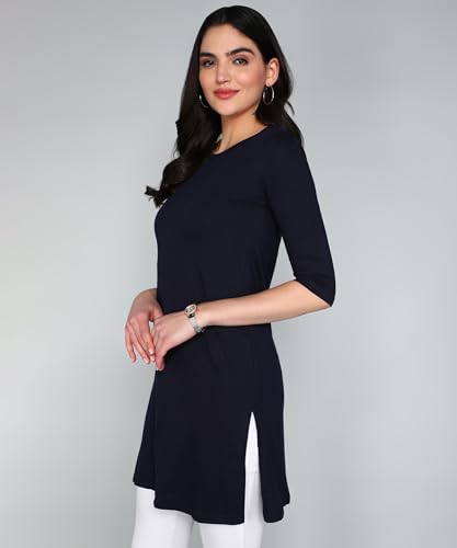 Image of FLEXIMAA Women's Cotton Plain Round Neck 3 /4 Sleeve Long Top