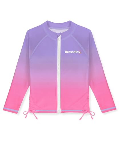 Image of BesserBay Girls Rash Guard UPF 50+ Zip Up Raglan Long Sleeve Adjustable Drawstring Swim UV Jacket 4-14 Years