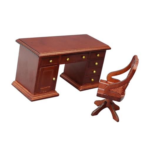 1/12 - Juego de mesa de estudio y silla de madera antigua, biblioteca en miniatura, exhibición de casa de muñecas, coleccionista de casa de muñecas