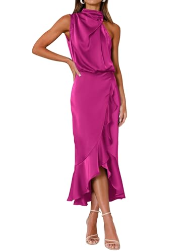 Image of KIRUNDO Women's Summer Satin Mock Neck Wedding Guest Dress | Party Cocktail Midi Dress, 2026 Spring Fashion, Silky, Elegant Classy Halter High Neck, Sleeveless Wrap Ruffle Formal Dress