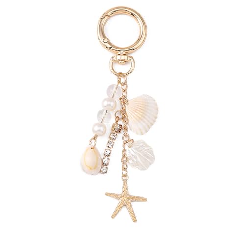 Glimbely Cute Beach Keychain Starfish Pearl Bag Charms Fashion Seashell Keychain Car Key Ring Accessories for Women (Gold)