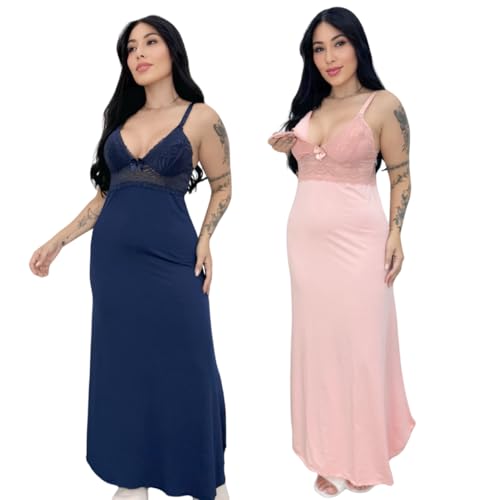 Kit 02 Camisolas Amamentação Longa Luxo com Detalhe Em Renda Em Microfibra e Abertura Em Click Marinho e Rose Gg