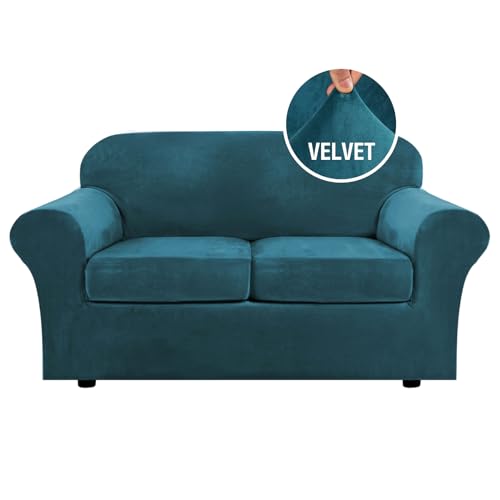 H.VERSAILTEX Real Velvet Plush 3 Piece Stretch Sofa Covers Couch Covers for 2 Cushion Couch Loveseat Covers Width Up to 72 Inch Feature Thick Soft Stay in Place (Medium Sofa, Deep Teal)