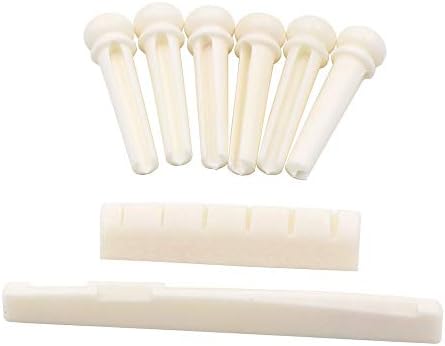 DISENS Acoustic Guitar Bone Bridge Pins,6 String Acoustic Guitar Bone Bridge Saddle and Nut(Made of Real Bone)