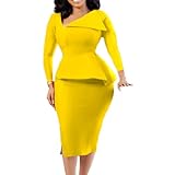 Pulcykp Women Long Sleeve Dress African Diagonal Collar Long Sleeve Stitch Slim Dress Yellow L