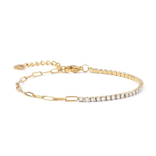 Gold Tennis Bracelets for Women, Paperclip Chain 3.0 Cubic Zirconia CZ Diamond 14K Gold Plated Stainless Steel Tennis Bracelet, Dainty Adjustable Gold Bracelet Stack for Women Men