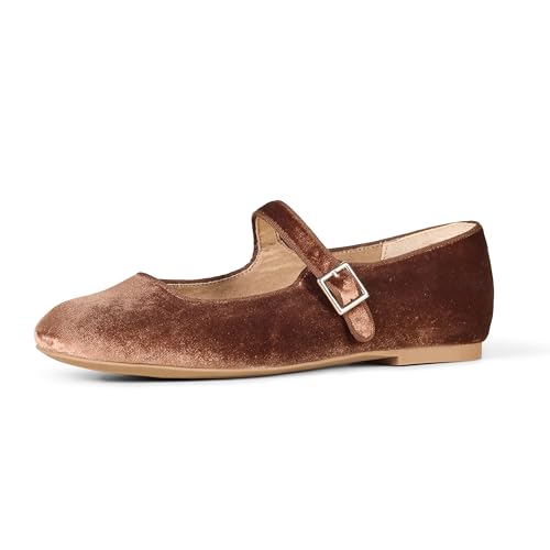 Amazon Essentials Women's Mary Jane Ballet Flat, Brown Velvet, 8