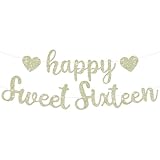 BEISHIDA Champagne Gold Happy Sweet 16 Birthday Banner, Pre-Strung Glitter Happy 16 Birthday Decoration for Girls，Happy 16th Birthday Sign for Women, Girls