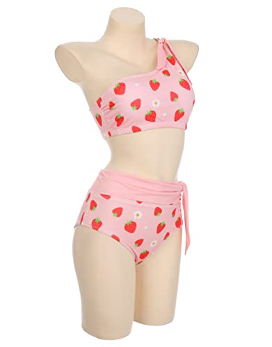 haikyuu Women Strawberry Pink One Shoulder Two Piece Swimsuit High Waisted Bikini Kawaii Cute Swimwear Bathing Suit3