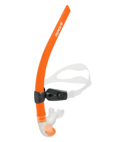 Sporti Swim Snorkel for Lap Swimming - Swimming Snorkel for Swimming Laps - Flexible, Adjustable Head Strap, Streamlined Tube, Soft Silicone Mouthpiece, Purge Valve - Orange