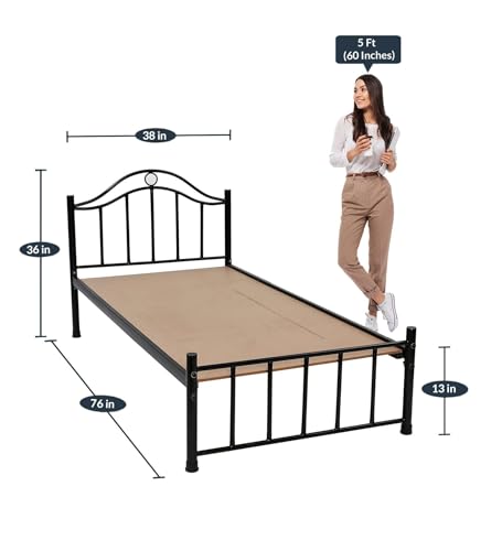 Image of Globally Indian Single Size Metal Bed Frame with Plyboard Support | Heavy Duty Wrought Iron Bed | Noiseless Strong Structure | Under-Bed Storage Space | Easy DIY Assembly Bedroom Furniture (Black)