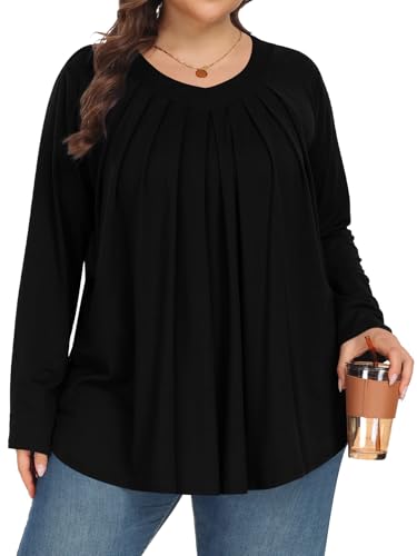 Tencede Womens Plus Size Tops Long Sleeve Shirts V Neck Tunic Blouses 1X-5X