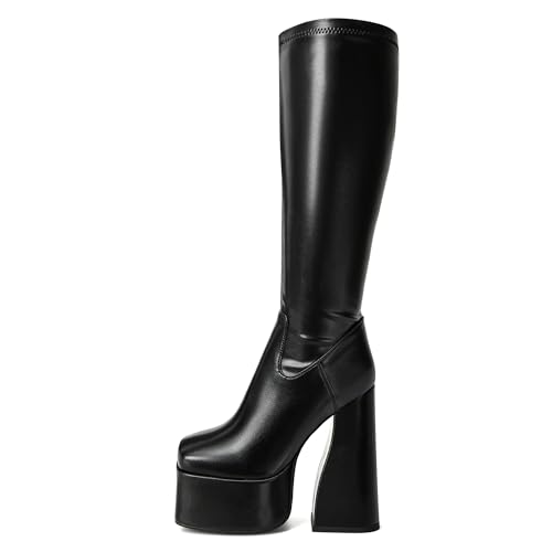 Image of LanreyTaley Elastic Women Knee High Boots Platform Chunky Heel Tall Boots Suede Dress Boots Side Zipper Stretch Boots Fall