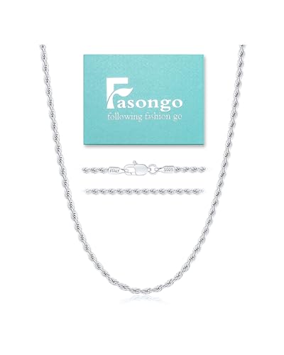 Fasongo 925 Sterling Silver Chain Necklace for Men Women Boy, 3mm Rope Chain Necklace Silver Chain Durable & Sturdy Men's Chain Necklaces 20inch