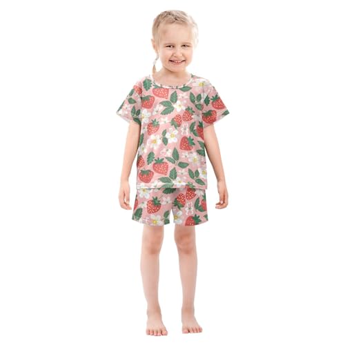 ALAZA Strawberry Floral Blossom Pajamas Set Short Sleeve Cotton Sleepwear Summer Pjs 2 Piece 5-14Y3