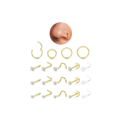 Morfetto Gold Nose Ring Hoops for Women Men 316L Surgical Steel Hypoallergenic Flat Back Gold Nose Stud Septum Piercing Jewellery L Shaped Corkscrew Cubic Zirconia Nostril Piercing 20G 18G