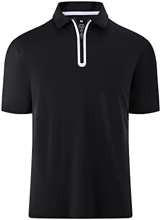 Alex Vando Mens Golf Shirt Short Sleeve Sports Polo Shirts with Zipper,Black,L