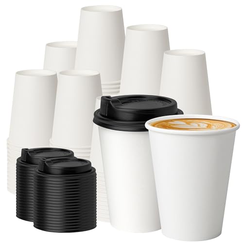 METAPRINT 100 Pack 12 oz Disposable Coffee Cups with Lids Paper Coffee Cups for Hot/Cold Drinks Leak-Proof To Go Cups for Home Cafes Events and Office