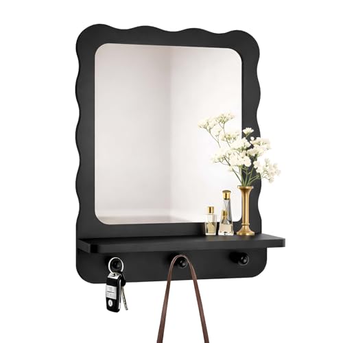 LYRIMEAI Wood Wall Mount Mirror with Shelf and 3 Hooks 16 x 12 Inch Modern Scallop Decorative Entryway Mirror for Living Room Bathroom Bedroom Vanity Black