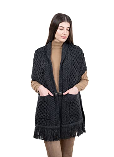 Image of SAOL 100% Merino Wool Shawl /Poncho Sweater /Open Cardigan /Wool Cape with Pockets with Fringe Trim and Trinity Knot Button