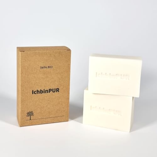 IchbinPUR - weiße Olivenölseife, 2x120 g (1x Doppelpack), Naturseife für Haut, Haare und Rasur, für alle Hauttypen, ohne Parfüm, ohne Allergene, plastikfreii (Biokosmetik, 2x120g)