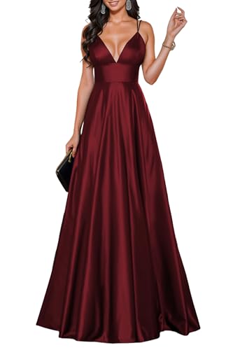 HOMEYEE Damen Elegant V-Ausschnitt Lang Brautjungfernkleid Sexy Rückenfrei Abendkleider A-Linie Ballkleid Hochzeitskleid A490 (M, Burgund)