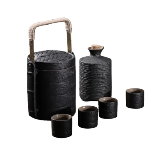 SIzlaho 日本酒ケトルセット、ヴィンテージセラミックワインウォーマー、家庭用ホットワインケトル、セラミック黒釉ワインセット、焼酎ディスペンサー、蒸し器とカップ付き、ティールーム (A(ブラック + 4カップ))