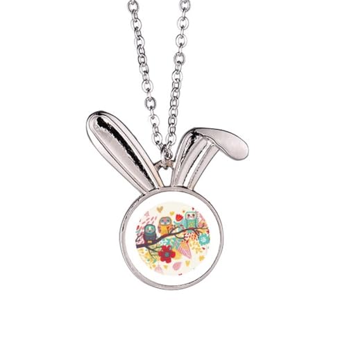 Collier pendentif lapin et hibou avec illustration animaux et fleurs