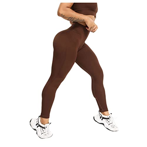 Legging de Sport Taille Haute pour Femme Legging Sport Chic Confortable Yoga Pantalon Taille Haute Couleur Unie Survêtement de Sport Jogging Pantalon avec Yoga Gym Jogging Fitness (Coffee, S) Cover