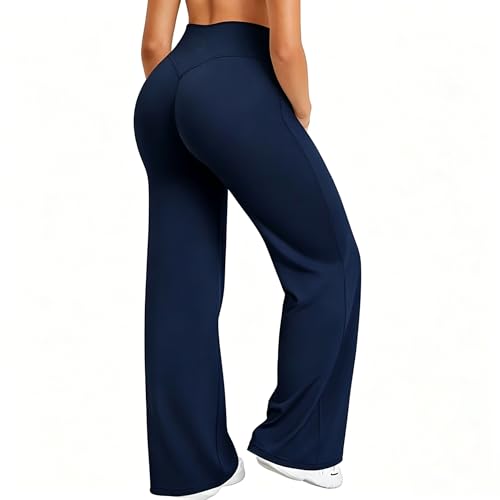 Image of Fumxincg Women's Yoga Trousers Loose Stretchy High Waist Casual Straight Trousers Wide Leg Pants for Women (UK, Alpha, M, Regular, Regular, Navy Blue)